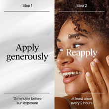 Sunscreen lotion application on face showing 'Apply' and 'Reapply' instructions