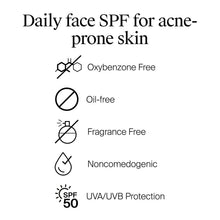 Sunscreen SPF 50 for acne-prone skin with oxybenzone-free and oil-free icons
