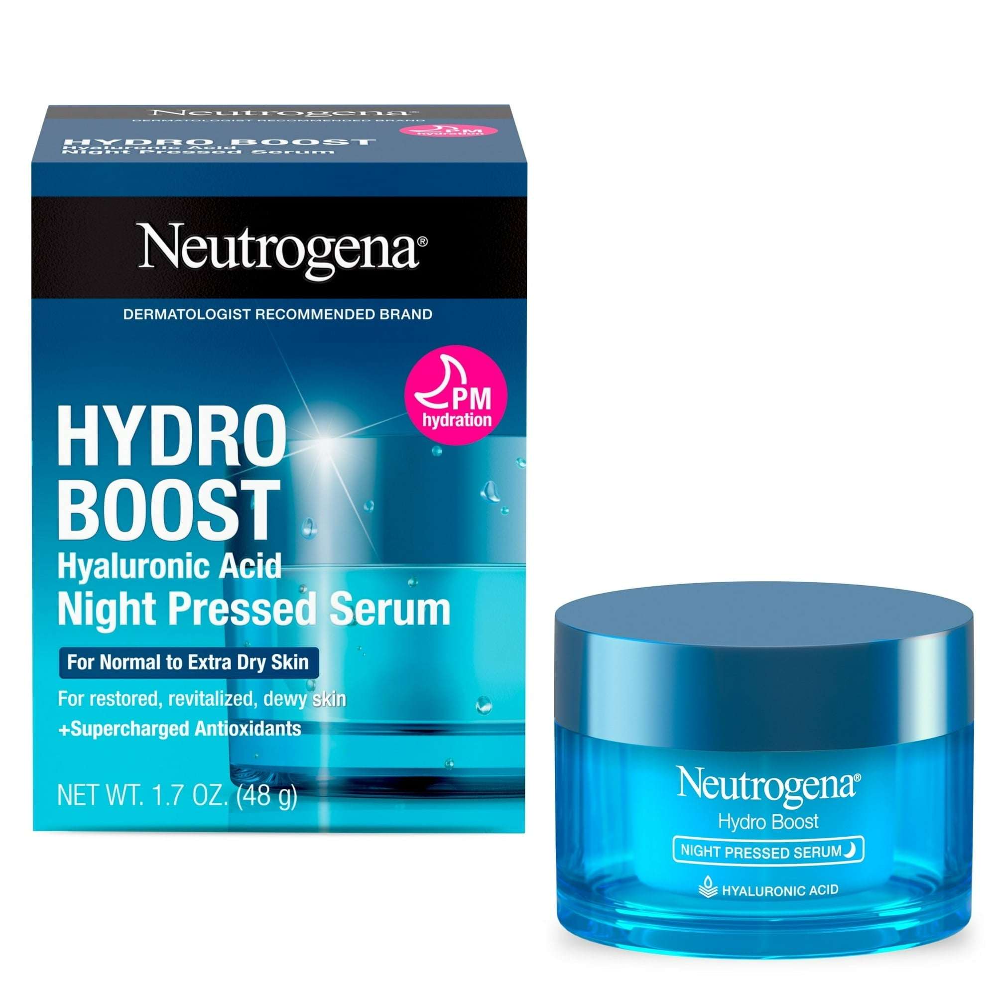Neutrogena Hydro Boost Night Pressed Serum box and blue serum jar