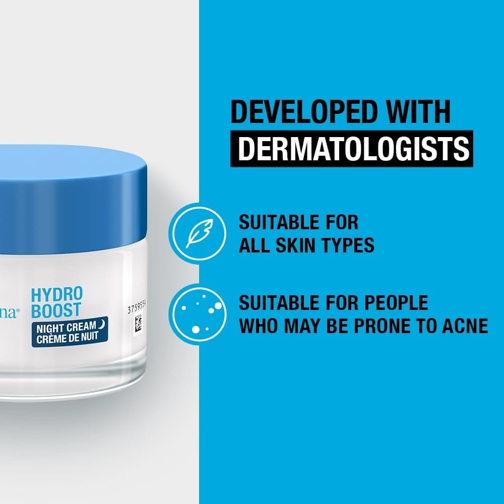 Neutrogena Hydro Boost Night Cream jar with blue lid and suitability icons