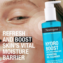 Hydro Boost gel cleanser bottle next to model's eye