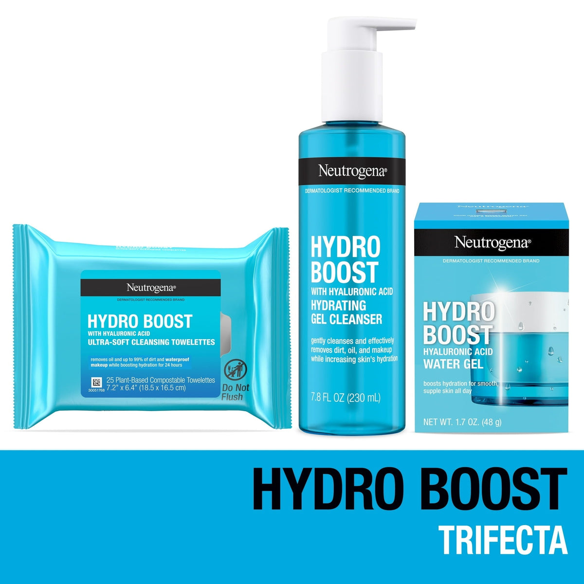 Neutrogena Hydro Boost Trifecta: Water Gel Facial Moisturizer, Gel Cleanser, & Makeup Remover Wipes, Set