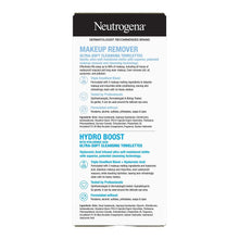 Neutrogena makeup remover wipes box back panel with Hydro Boost information