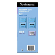 Day and night cleansing towelettes package, light blue box with wipes
