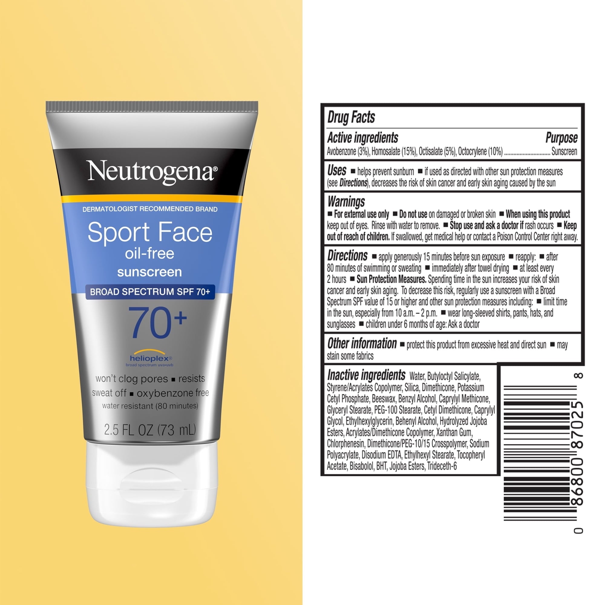 Neutrogena Sport Face Oil-Free Lotion Sunscreen Broad Spectrum SPF 70+, 2.5 fl oz (2 PACK )