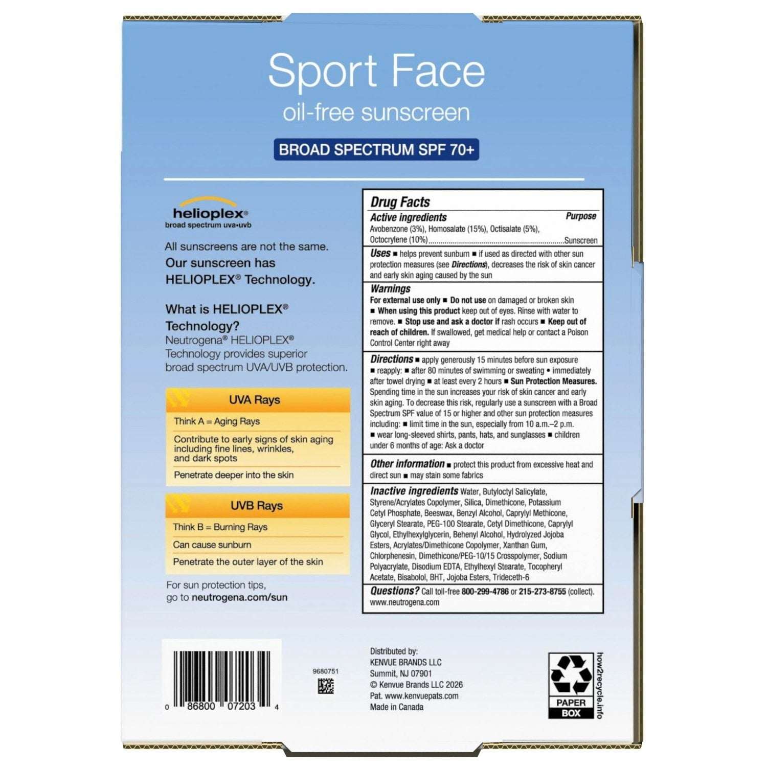 Neutrogena Sport Face Sunscreen, Oil-Free, 2 pk. 2.5 fl. oz.