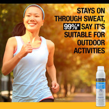 Neutrogena Sport SPF 70 sunscreen spray bottle, white with blue label