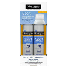 Neutrogena Sport SPF 70 sunscreen spray twin pack, white bottle with blue label