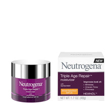 Neutrogena Triple Age Repair face moisturizer jar, purple cream, silver lid, SPF 25