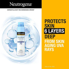 Neutrogena Ultra Sheer body mist sunscreen SPF 70 bottle with protective bubbles