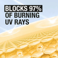 Sunscreen droplets with UV protection message, blocks 97% of burning UV rays