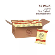 42-pack carton with individual New England Breakfast Blend ground coffee pouches
