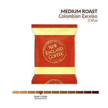Medium roast Colombian Excelso ground coffee packet, red and yellow with logo