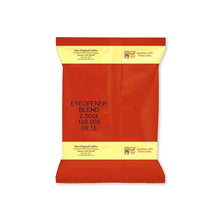 Ground coffee packet back with Eyeopener Blend and 2.5 oz label