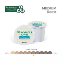 Medium roast organic special blend K-cup pods, with two white pod containers