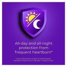 Nexium 24HR acid reducer capsules panel with heartburn protection shield icon