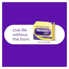 Nexium 24HR acid reducer capsule box with 'Live life without the burn' text