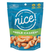Unsalted whole cashews in blue bag, 8.5 oz; 160 calories and 5g protein shown.