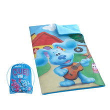 Kids slumber set with blue character sleeping bag and matching drawstring storage bag