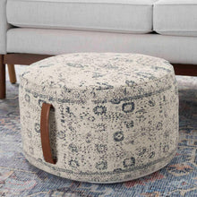 Nicole Curtis pouf round upholstered stool with blue-gray pattern and brown handle