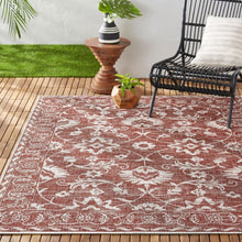Indoor/outdoor area rug with terracotta ground and ivory scrolling botanical motif