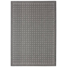 Rectangular area rug with repeating gray and dark geometric grid pattern