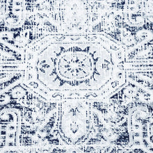 Area rug close-up with centered blue-and-white medallion and surrounding geometric motifs