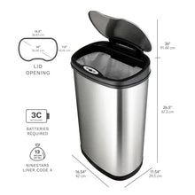 Stainless steel sensor trash can with open lid, size diagram and liner code label