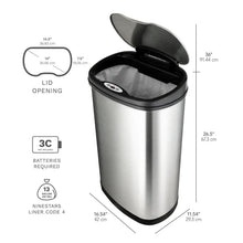 Stainless steel sensor trash can with open lid and tall rectangular body