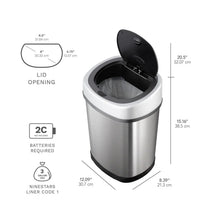 Stainless steel sensor trash can with open lid, interior view and top control