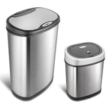 Stainless steel sensor trash can with closed lid and smaller matching waste bin