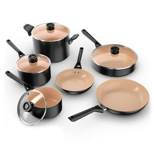 Non-stick ceramic cookware set with black exteriors and beige cooking surfaces, 10 pieces