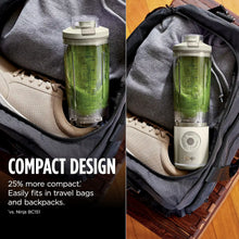 Cordless blender in a compact design, stored in a bag with green smoothie cup.