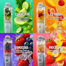 Cordless blender cups with fruit ingredients and smoothie prep shown in four colors.