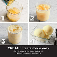 Ice cream prep steps showing creamy mixture in pint cups and a frozen scoop block
