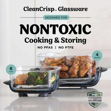 Glass air fryer cookware set with two clear containers and cooked chicken pieces