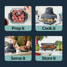 Air fryer system with split views showing prep, cook, serve, and store