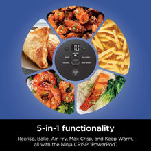 Air fryer cooking system with control pod and glass dish surrounded by plated foods