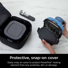 Protective snap-on cover with blue air fryer base and vented heating chamber
