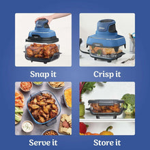 Portable air fryer with glass pot and snap-in lid shown in multiple steps