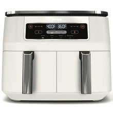 White dual-basket air fryer with two vertical handles and a digital control panel
