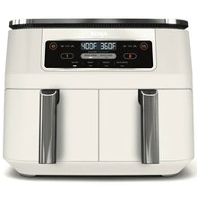 White dual-basket air fryer with dual-zone divider and control panel