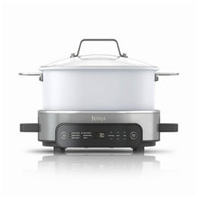 White multi-cooker with lid handle and front display panel on round base