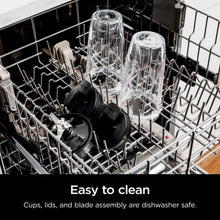 Dishwasher rack with clear blender cups, lids, and blade assembly, dark gray and clear