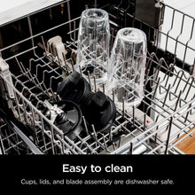 Dishwasher-safe blender cups, lids, and blade assembly in a rack