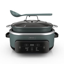 Sage green 7.5 qt multi-cooker with lid and black control panel