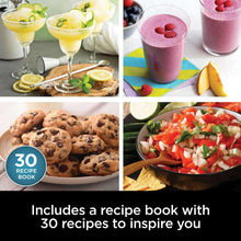 Assorted smoothie cups, a plate of lemons, salad bowl, and cookie recipe visuals