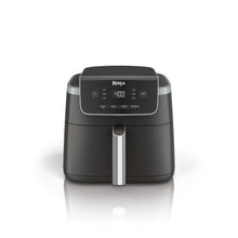 Air fryer front view with black body, digital control panel, and pull-out handle