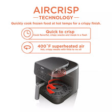 Air fryer with internal airflow diagram showing red fan in the cooking basket