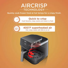 Air fryer with Aircrisp airflow diagram and cooking icons on a tech graphic